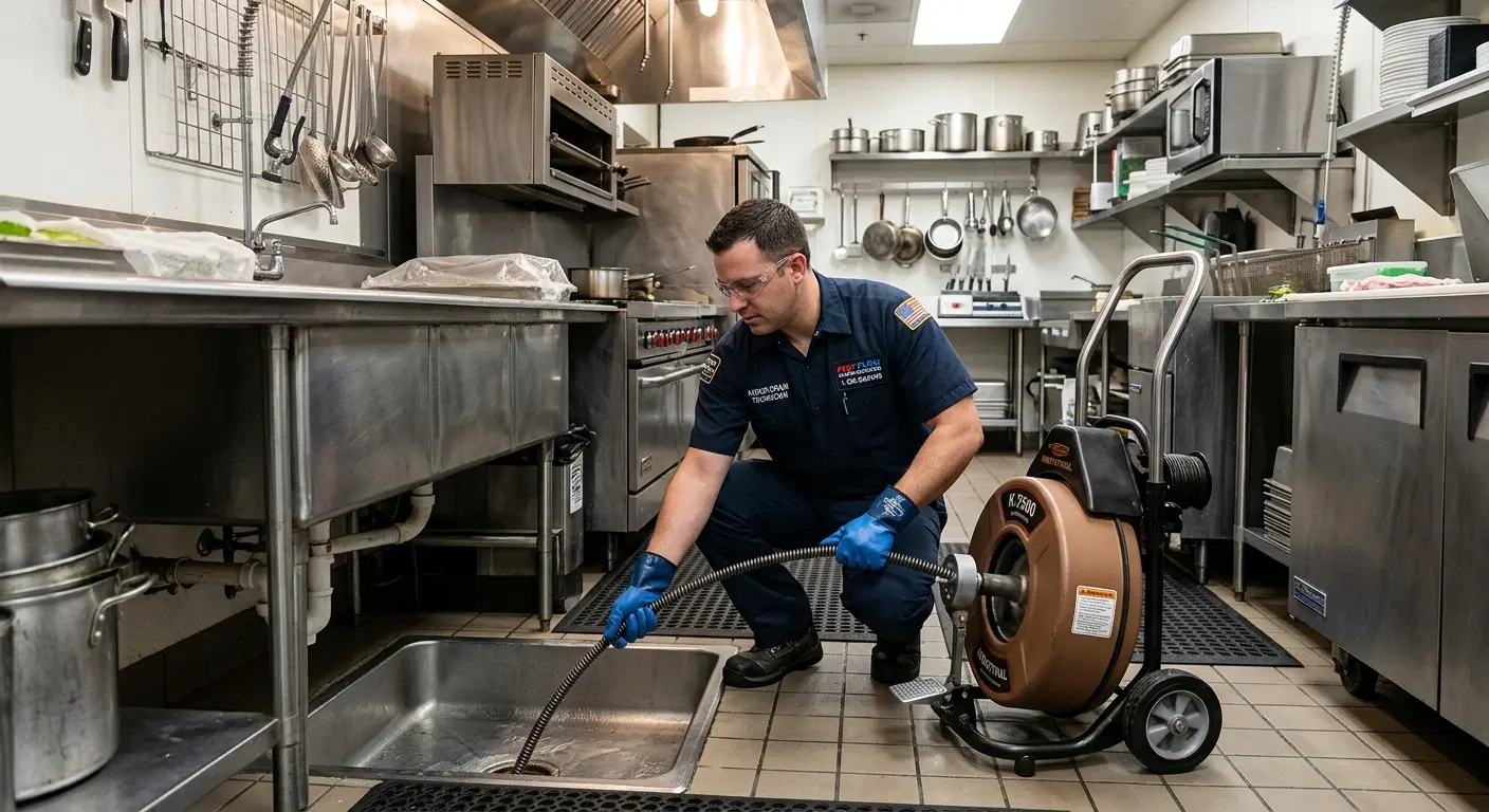 Commercial drain cleaning service in a restaurant kitchen in Klamath Falls
