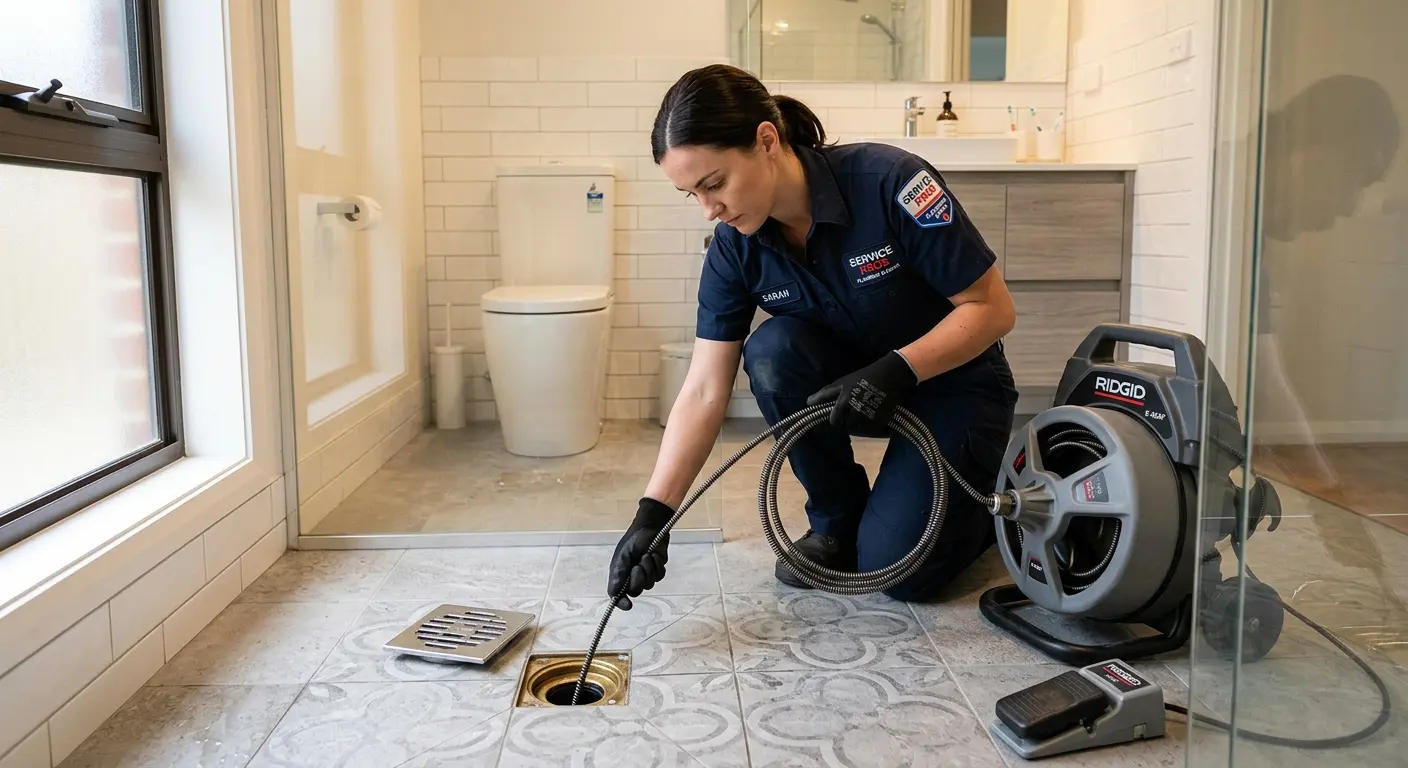 Technician clearing a bathroom floor drain for Sewer Line Replacement in Klamath Falls